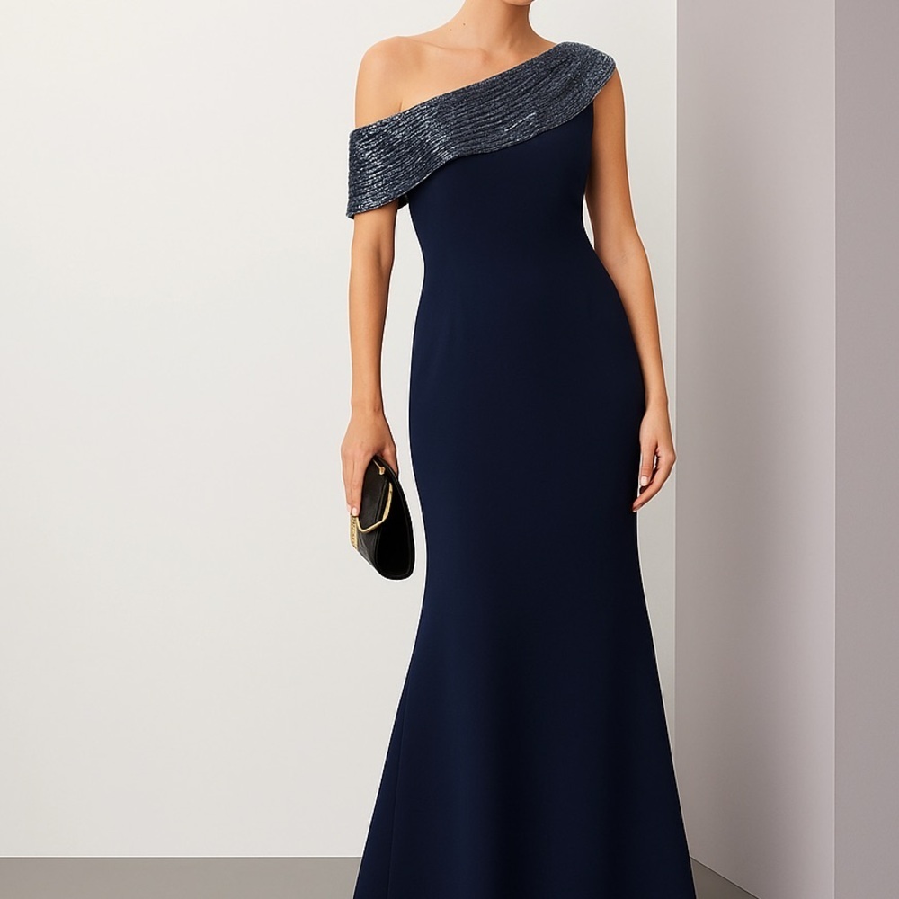 Badgley Mischka Navy One-Shoulder Maxi Dress with Metallic Silver Accent